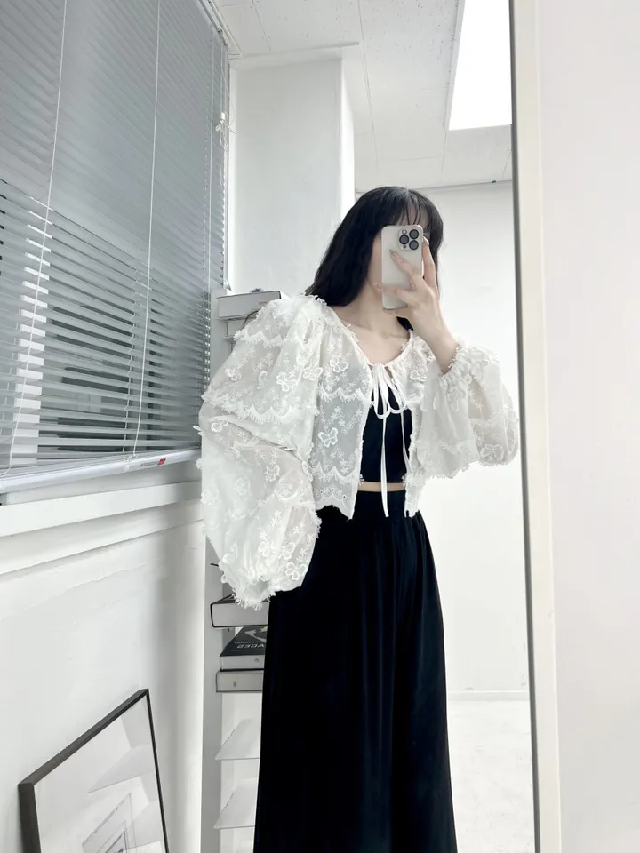 [빠른O/공주보장🦋어깨패드O] 나비 펀칭 빅퍼프 블라우스 볼레로 가디건 레이스가디건 커버업가디건 비치가디건 레이어드가디건 크롭가디건 리본가디건 여름 상세 이미지 9