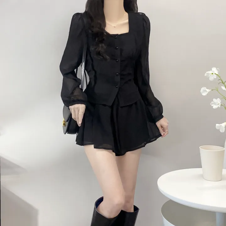 [🚀당일발송/세트가격🌸/3color/데이트룩!] 밀키웨이 청순 여신 리본 스퀘어넥 쉬폰 시스루 셔링 프릴 블라우스 밴딩 A라인 플리츠 팬츠 미니스커트 벚꽃룩 봄투피스 셋업 상세 이미지 25