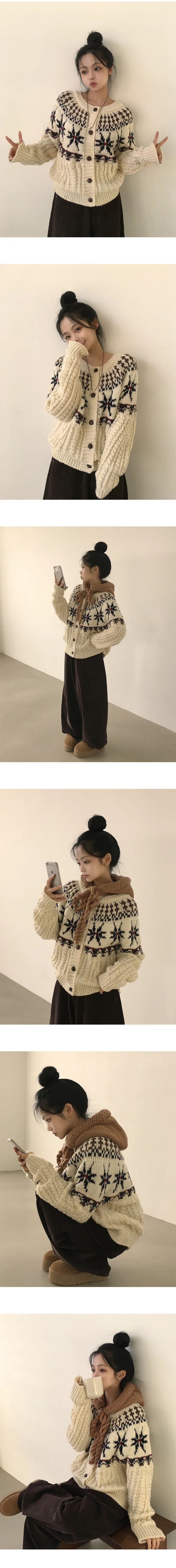 [겨울감성⛄/도톰,아방핏] 빈티지무드 가득, 노르딕 패턴 꽈배기 루즈핏 니트가디건 (2color) 상세 이미지 2