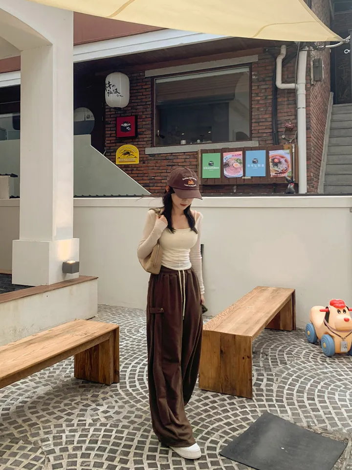 기모추가🔥[인생핏✨2way] 허리밴딩 비조 트레이닝 와이드 팬츠 투웨이 스냅버튼 절개 하이웨스트 롱 일자 츄리닝 바지 하의 체형커버 코튼 면 Y2K 공항룩 봄 간절기 9col 상세 이미지 14