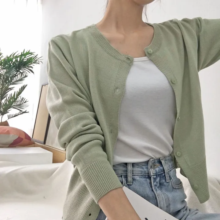 [ 봄가디건,5col ] 라운드넥 니트 가디건 / 세미크롭 레귤러핏 기본가디건 / 가벼운 심플 긴팔니트/레이어드 아우터 무지가디건/단추니트/간절기 장마철 사무실가디건 실내가디건 상세 이미지 16