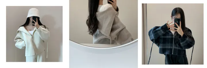 ~77까지/핸드코트🖤[겨울까지] 아방핏 세일러 빅카라 숄 후드 가오리 벌룬 양모 부클 언발 크롭 숏 집업 코트 점퍼 자켓 상세 이미지 5