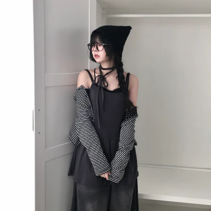 [반전 도트안감🖤/뒷태패치 포인트!!] 빈티지 감성 낭낭🪽 도트안감 패치 단가라 스트라이프 긴팔 가디건 엔젤코어 상세 이미지 13