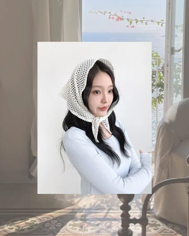 [2col/신상할인] 린 펀칭 니트 헤어커치프 여성 휴양지 봄 여름 스카프 보넷 두건 상세 이미지 2