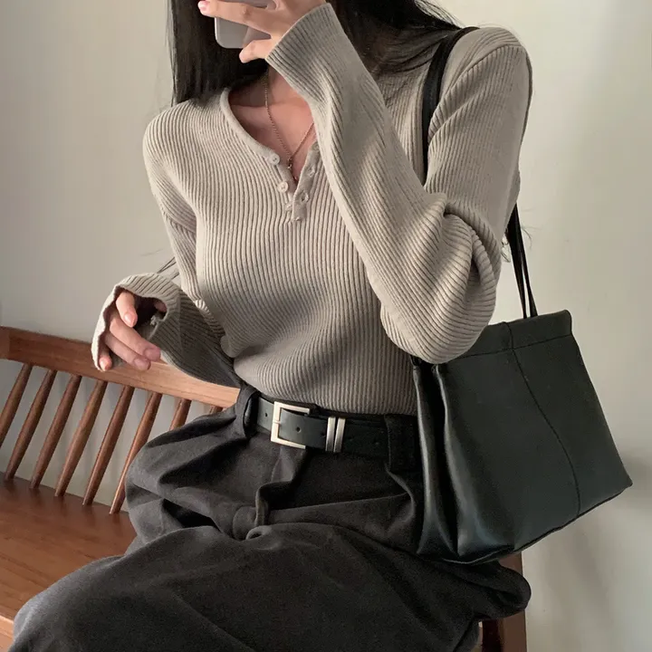 [4계절필수 디자인/연그레이 당일출고✨] 자체제작 #크치Made 젤리 버튼 트임 브이넥 골지 겨울 니트 긴팔티셔츠 - nt 상세 이미지 176