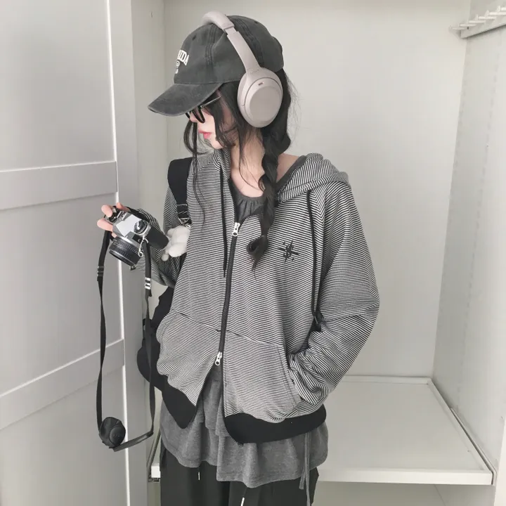 [투웨이지퍼!/유니크힙🖤] 여유핏 루즈핏 스트라이프 단가라 후드 집업 상세 이미지 7