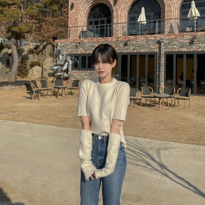 [워머SET/재진행‍🔥] 러블리 보들 울 핸드 워머 니트 세트 루즈핏 트임 반팔 니트티 라운드넥 토시 니트투피스 상세 이미지 6