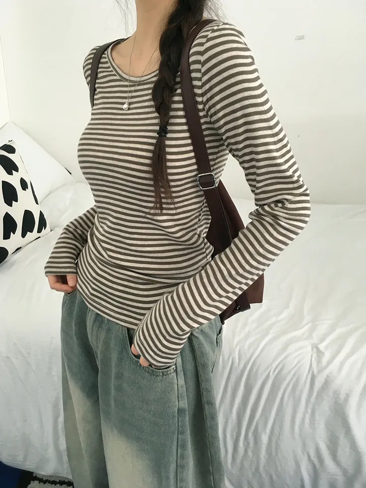 [슬림핏!/간절기,봄필수! 잔단가라 라운드넥 단가라티셔츠 긴팔티셔츠 이너티 기본티] 엘리슬림핏단가라긴팔T 상세 이미지 9