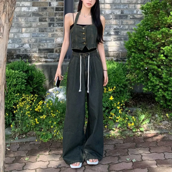 ⁎MADE [코디set/S~L] 치퍼 홀터 데님 크롭 뷔스티에 탑 나시 와이드 롱 생지 워싱 데님 청 팬츠 투피스 세트 <여행룩/힙/빈티지/인생샷!> 상세 이미지 30