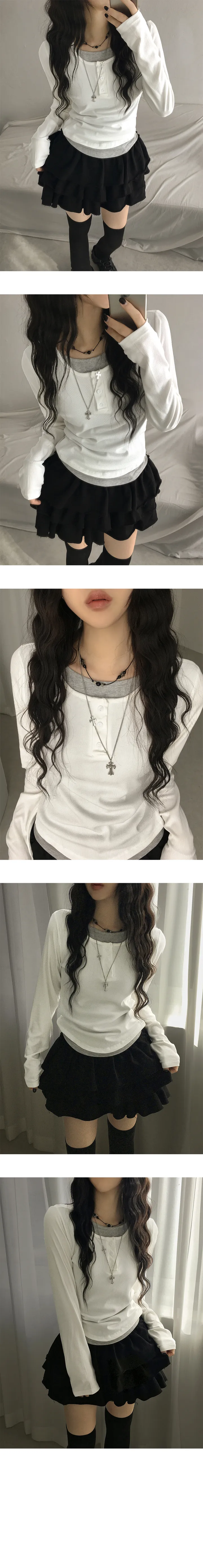 [일체형/넉넉잘록핏🖤] 쿠앤크 배색 단추 셔링 크롭 골지 굴림 긴팔 티셔츠 3color 상세 이미지 3