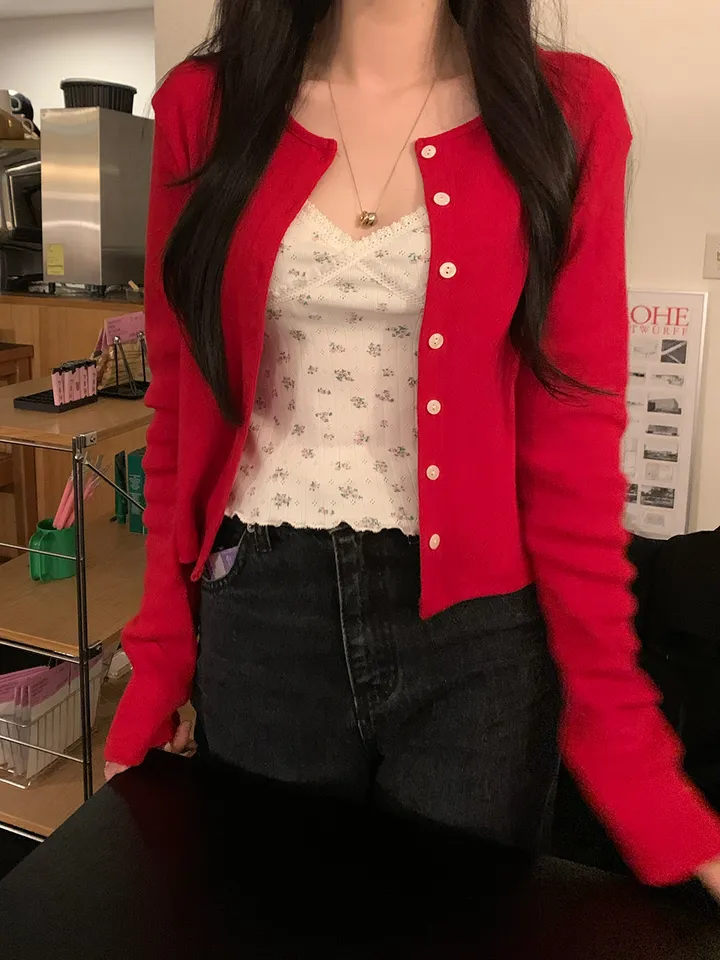 [ 3천장돌파 ] 펀칭가디건 크롭 라운드 가디건 루즈핏 레드가디건 빨간가디건 라운드넥가디건 빈티지가디건 상세 이미지 13