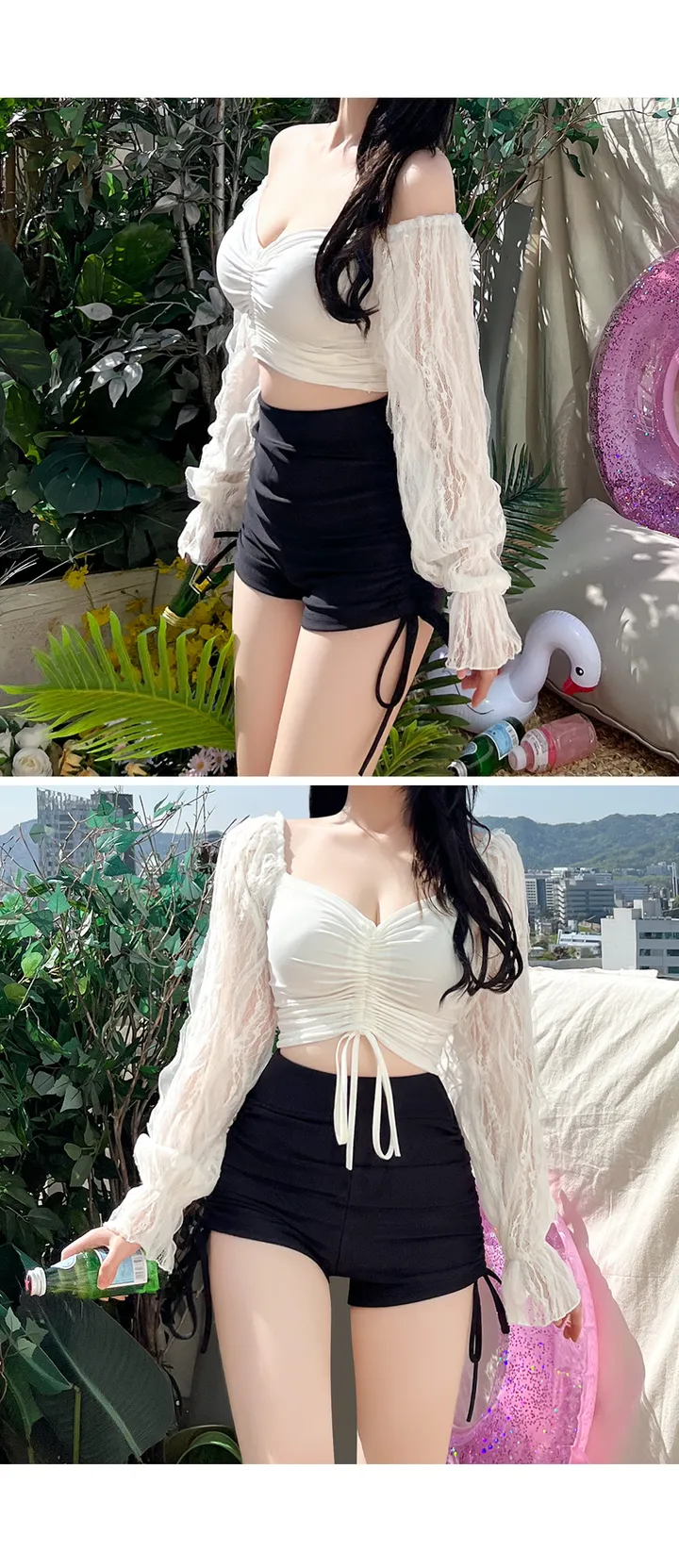 [누적10000장판매][당일발송] 스윔 스트링 하이웨스트 숏 팬츠 [국내제작 워터밤 흠뻑쇼 페스티벌 뱃살커버 똥배커버 군살커버 수영복 수영반바지 스윔숏츠 스윔웨어] [빠른출고] 상세 이미지 3