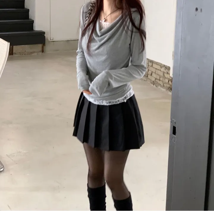 [레이스일체형ෆ군살커버말라핏]이연 텐션 여리핏 드레이프 셔링 레이어드 레이스 골지 롱슬리브 티셔츠 3color 상세 이미지 35