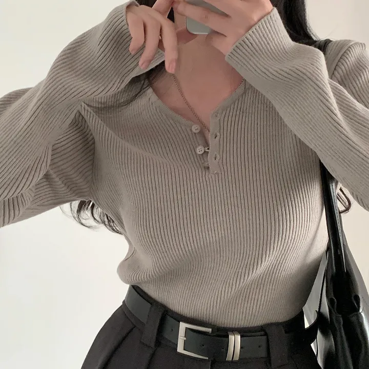 [4계절필수 디자인/연그레이 당일출고✨] 자체제작 #크치Made 젤리 버튼 트임 브이넥 골지 겨울 니트 긴팔티셔츠 - nt 상세 이미지 155