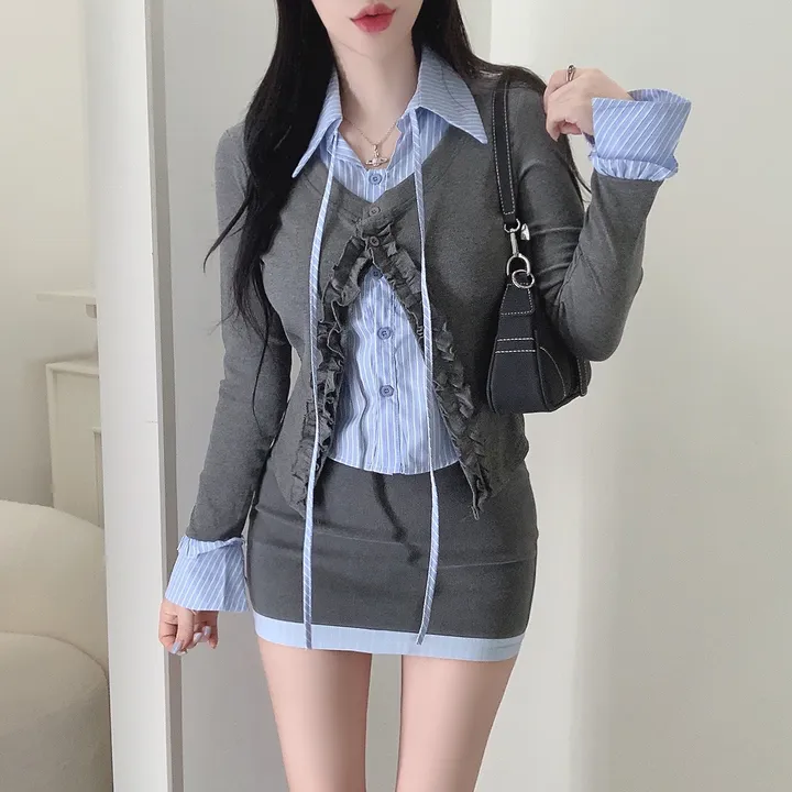 [3COLOR/셔츠일체형] 유닛 스트라이프 셔츠&프릴가디건 레이어드세트/버닝블루 상세 이미지 4