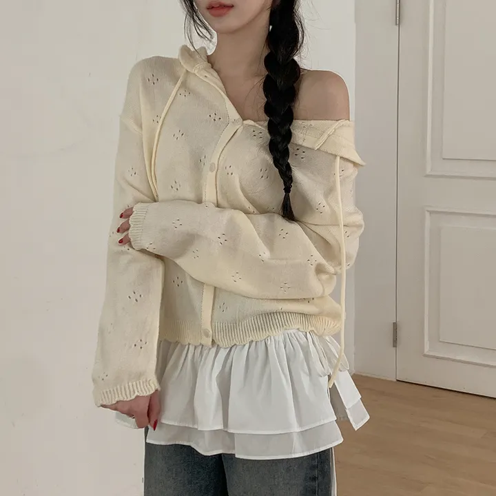 [큐티무드/핏추천!] 연유 펀칭 루즈핏 니트 후드 긴팔 가디건 3colors 상세 이미지 14
