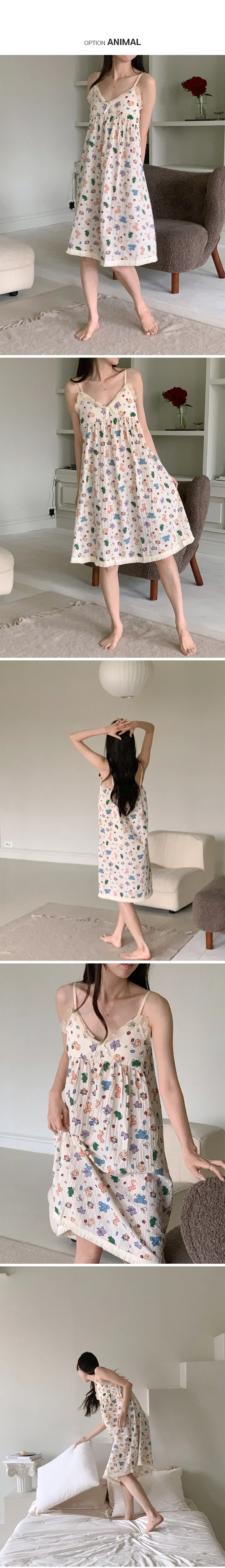 [내장패드/요루면] 피드 레이스 나시 원피스 파자마 여성 홈웨어 민소매 여름 잠옷 홈드레스 리본 프릴 캡내장 캡나시 나비 밑단 수술 no.2027 상세 이미지 10