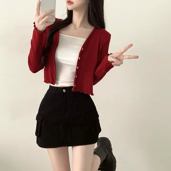 [봄신상/색감맛집] 물결 니트 브이넥 크롭 가디건 상세 이미지 6