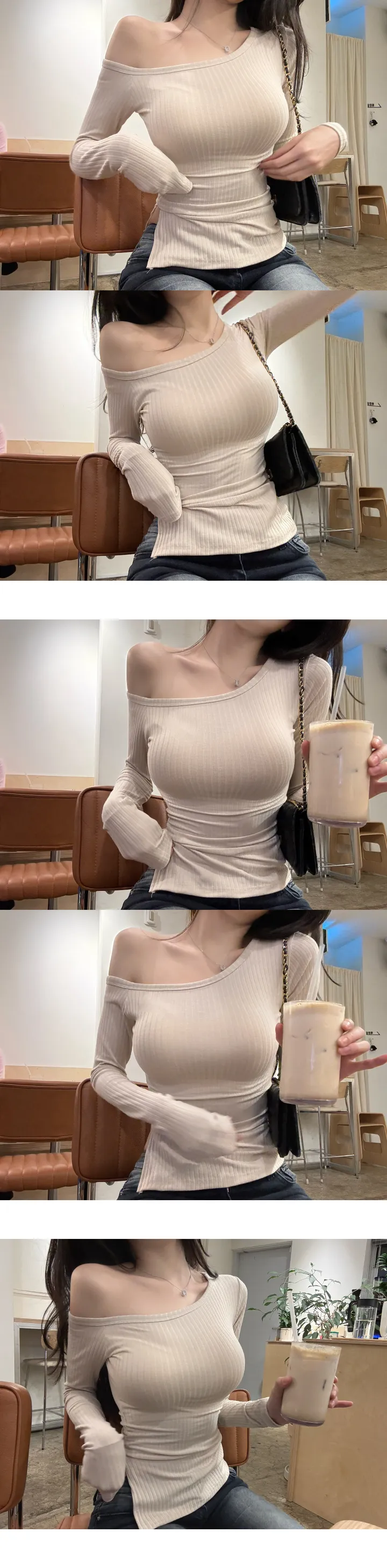 부분당일🚀역대급문의 [ MADE : 실물보장 ] 엘리아 쫀쫀 골지 원숄 언발 오프숄더 사선 트임 크롭 긴팔 티 상세 이미지 11