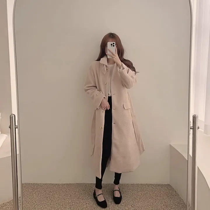 하이넥 부클 뽀글이 파스텔 허리 슬림 벨트 맥시 싱글 롱코트(3color)크리스마스룩 연말룩 상세 이미지 28