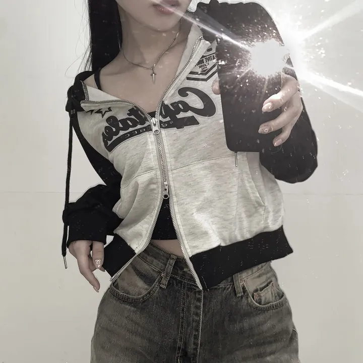 [y2k!힙무드] 투웨이 레터링 프린팅 나그랑 배색 크롭 후드집업 상세 이미지 5