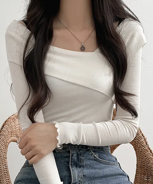 사선 오프숄더 긴팔 티셔츠