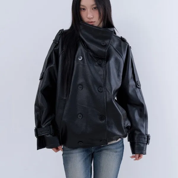 double breasted utility leather jacket