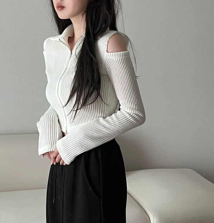 [볼레로ver 추가!] 어깨트임 숄더 컷아웃 골지 크롭 카라 슬림 지퍼 긴팔 집업 3color 차콜 블랙 아이보리 상세 이미지 6