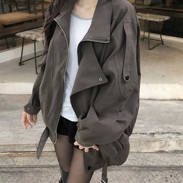 단독기획[브랜드퀄,핏보장🖤/얼리어텀🍂] 투넬 카라 밴딩 자켓 포켓 버튼 안감내장 루즈핏 오버핏 긴팔 아우터 데일리 간절기 상체커버 여자자켓 시크 하이넥 가을자켓/가을아우터
