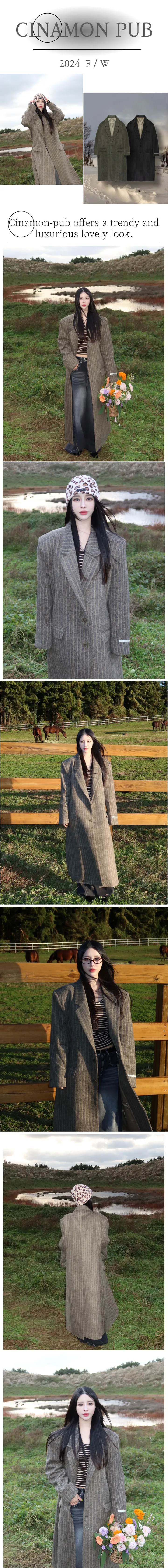 겨울 스트라이프 오버핏 울 코트 2color 상세 이미지 1
