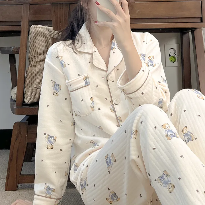 [New레이스 누빔] 귀여워 베이비 곰돌이 누빔 베이지 아이보리 테디베어 포켓 셔츠 겨울 긴팔 파자마 잠옷 세트 #B.Night #3049 상세 이미지 6