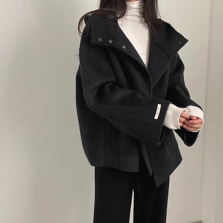 (껴입어도 넉넉한 사이즈) 오버핏 울 핸드메이드 후드 하프코트 상세 이미지 28
