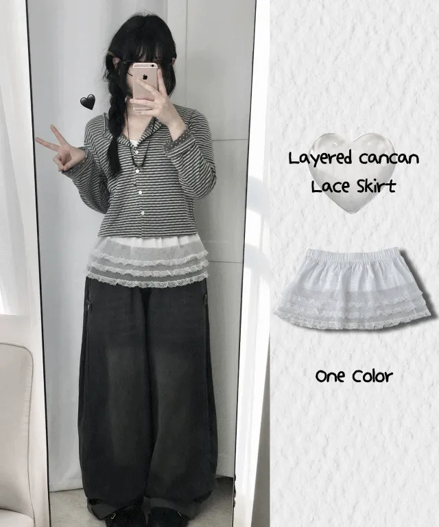 [3단 물결 캉캉] 레이어드 캉캉 밴딩 시스루 스커트