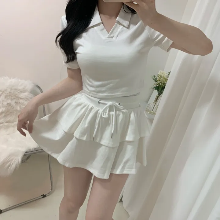 [세트가격/러블리💛] 플레인 배색 카라 크롭 반팔 + 밴딩 캉캉 치마바지 미니스커트 투피스 세트 4color 상세 이미지 45