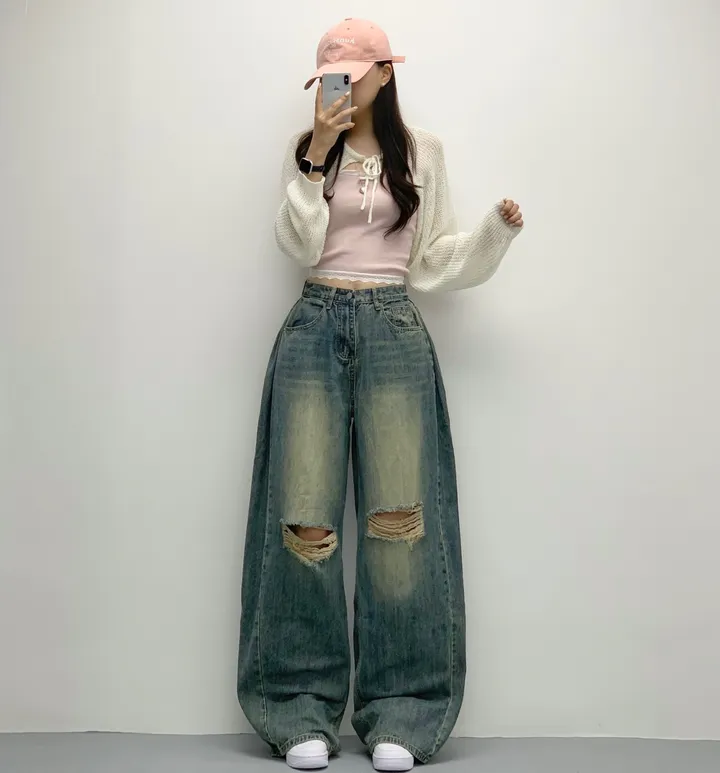 당일🚀[숏,롱/~XL/찐인생바지] 슬릿 찢청 폴딩 빈티지워싱 벌룬핏 옆핀턱 와이드팬츠 무릎트임 데님 청바지 기장선택 빅사이즈까지 오버핏팬츠 여름청바지 상세 이미지 16