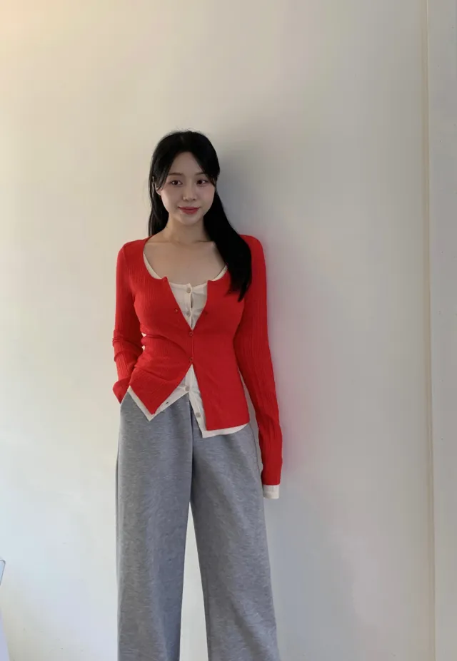시선 골지 레이어드 배색 단추 가디건 티셔츠4color 상세 이미지 40