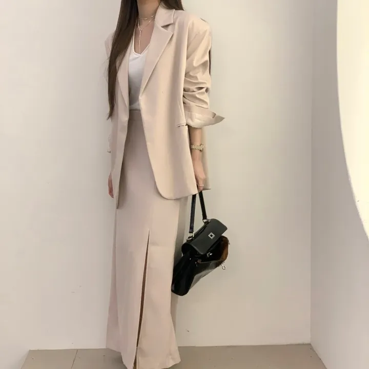 *한정수량원가 SALE* 국내 하이퀄리티 기본 수트 자켓 절개 슬릿 롱 스커트 하객룩 정장 오피스룩 투피스 세트 셋업 2color 상세 이미지 6