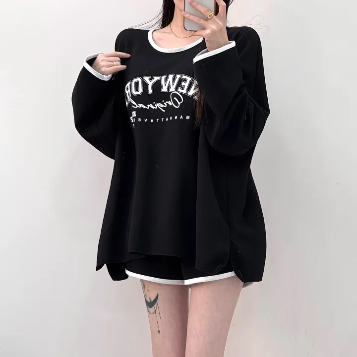 [여름까지/여리루즈핏] 밴티 나염 배색 라인 입술넥 오버핏 긴팔 티셔츠+밴딩 하이웨스트 돌핀 숏팬츠 투피스 트레이닝 세트 3color 상세 이미지 25