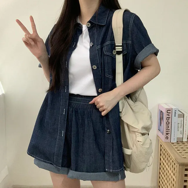 청청 오버핏 생지 데님 반팔 셔츠 남방 & 밴딩 숏 데님 팬츠 SET 상세 이미지 5