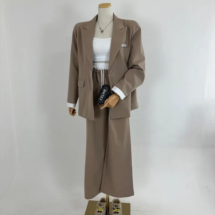 [25SS/*고퀄*/강추코디/하객룩/오피스룩/세트가격💕] 루즈핏 소매 레이어드 배색 미니패치 패드 베이직 자켓 + 하이 배색 밴딩 롱 슬랙스 와이드 팬츠 SET셋업(3COLOR) 상세 이미지 10