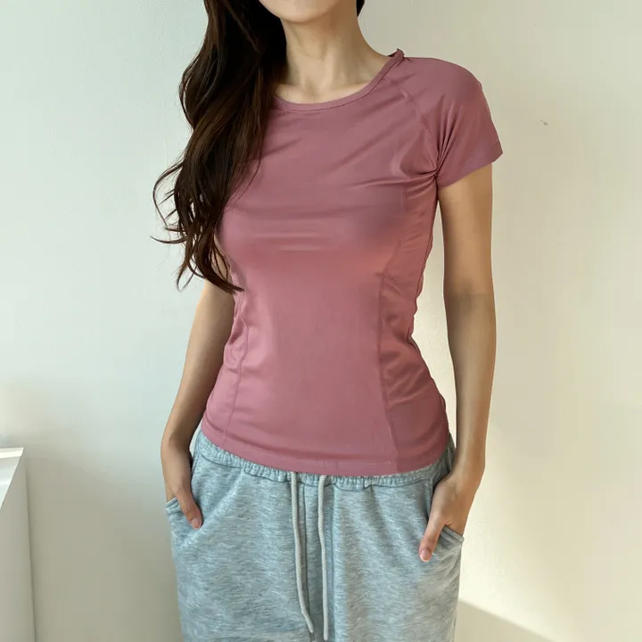 품질 보장✔텐션 트레이닝 숏 슬리브 (편한 라운드 무지 스판 기능성 슬림핏 반팔 티 헬스 러닝 가벼운 쿨링 아이스 데일리 피트니스 요가 필라테스 운동) 상세 이미지 29