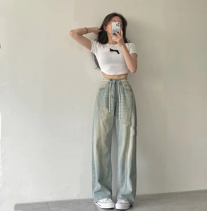 당일발송🚀핏/색감보장💗 절개라인 스트링 와이드 하이웨스트 빈티지 워싱 뒷밴딩 데님 롱 팬츠 키작녀 키큰녀 3color / 스트링 탈부착가능! 상세 이미지 6