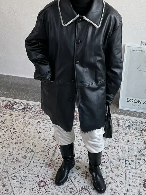 오버핏 가죽 퍼 점퍼 ( 블랙 브라운 ) 하프 코트 자켓 상세 이미지 21