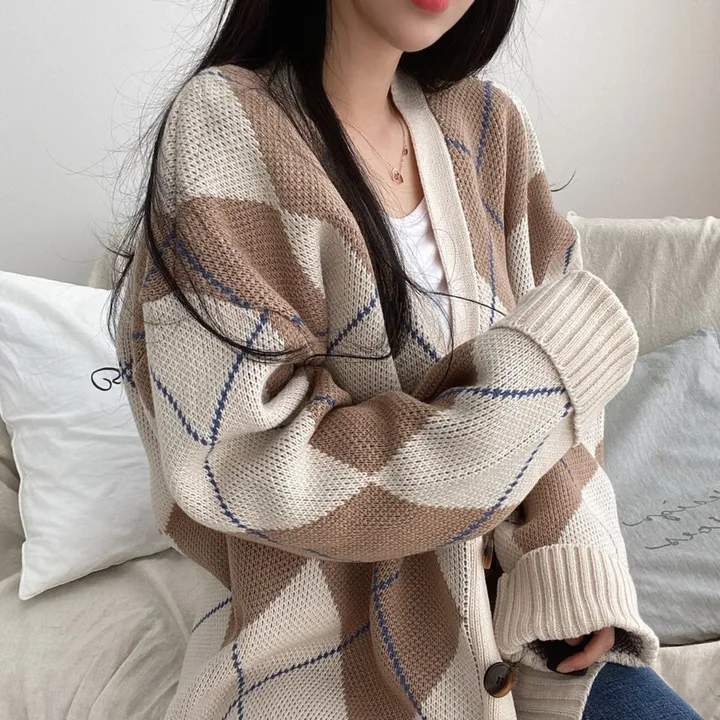[44~88] 시나몬 도톰 오버핏 아가일 니트가디건 4color 상세 이미지 3