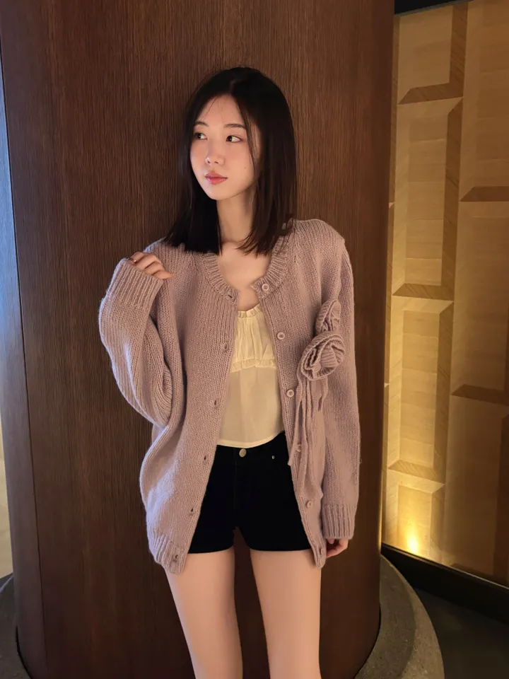 🌺제니 핀터레스트 무드 울50 꽃 코사지 루즈핏 가디건 상세 이미지 20