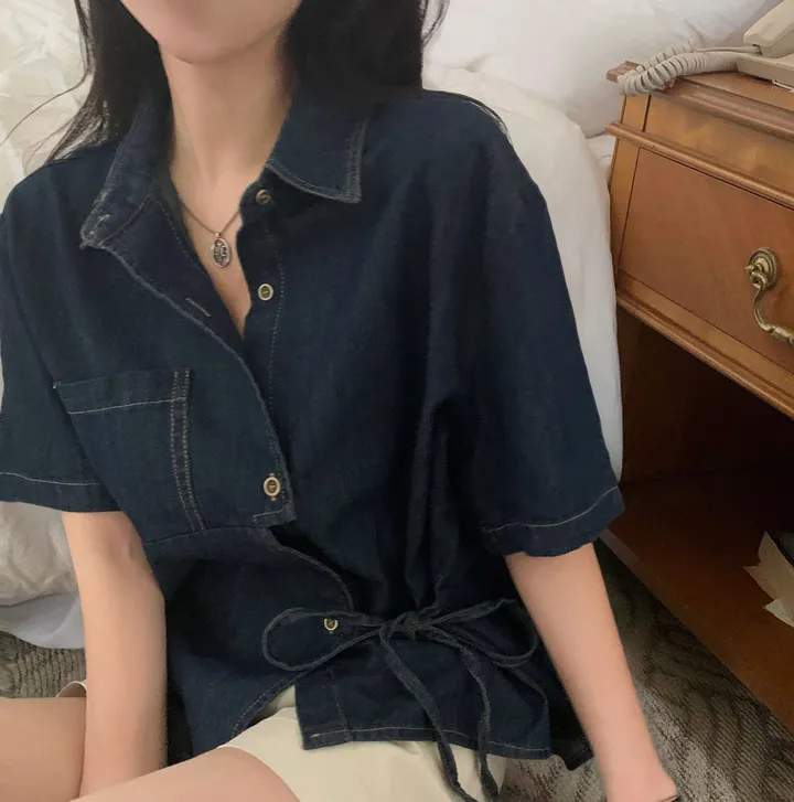 [단독판매🤍/리본포인트!] 데님 사이드 리본 포인트, 루즈핏 카라셔츠 남방 - 2color 상세 이미지 21