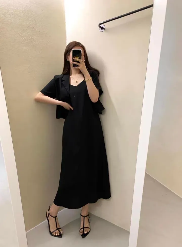 [투피스🚚당일발송]- 데일리 린넨 크롭 반팔 자켓+슬림 나시 롱원피스 투피스세트 상세 이미지 13