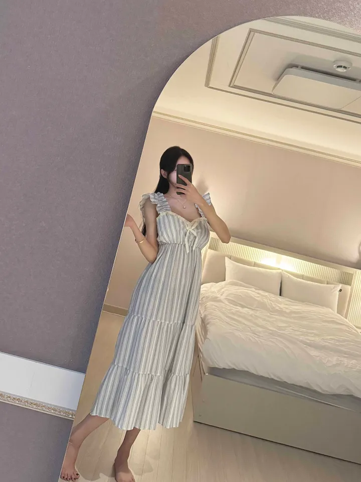 🖤주문폭주🖤 [캡내장] 프릴 스트라이프 민소매 원피스 여름 잠옷 홈웨어 파자마 상세 이미지 11