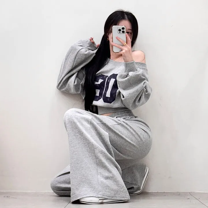 *여름버전추가!*[핏대박템/아방핏] 허리잘록! 나염 시보리 입술넥 언발 오프숄더 크롭 맨투맨+밴딩 하이웨스트 와이드 롱팬츠 트레이닝 세트 투피스 셋업 3color 상세 이미지 14