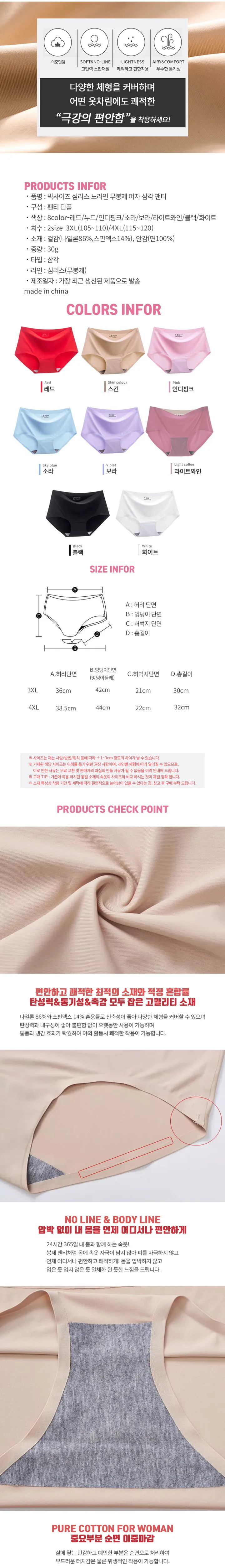 3장세트 빅사이즈 3XL~4XL (105~120) 당일출고 사은품증정 국내인증 노라인 심리스 팬티 삼각 무봉제 여성 팬티 상세 이미지 6